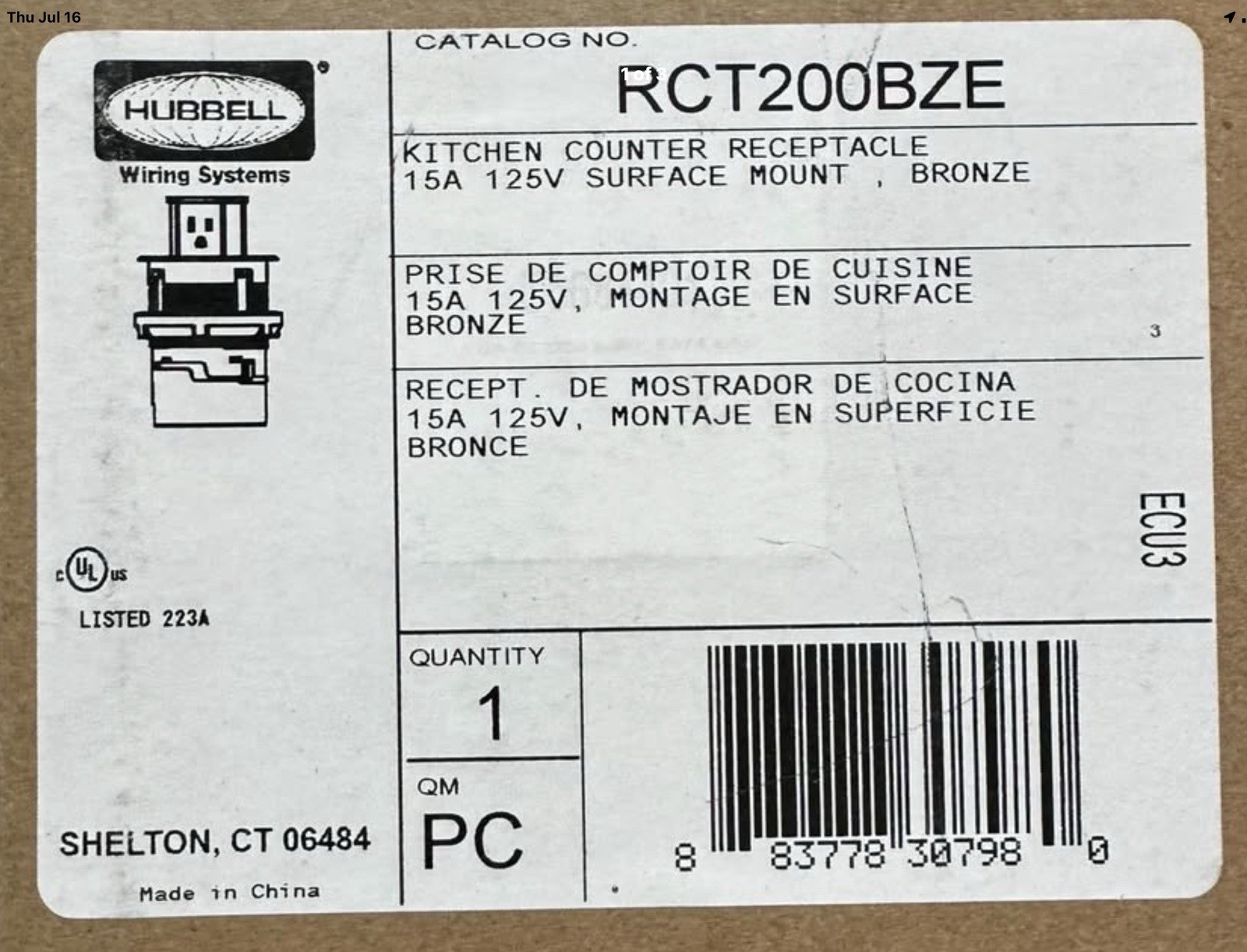 Hubbell RCT200BZE 15A 125V Kitchen Countertop Surface Mount 2-Outlet Bronze