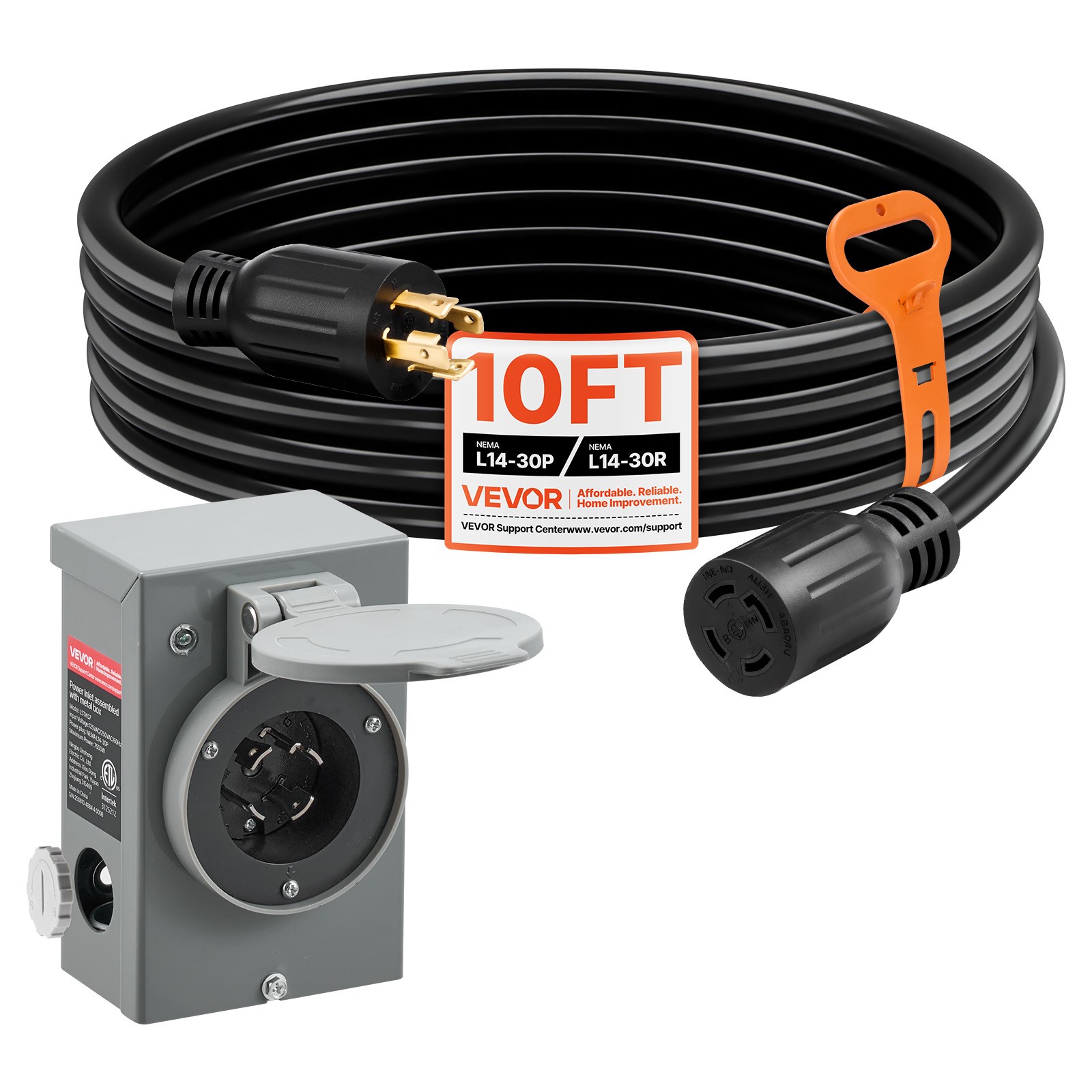 VEVOR 30 Amp Generator Cord and Power Inlet Box 10FT NEMA L14-30P L14-30R SJTW