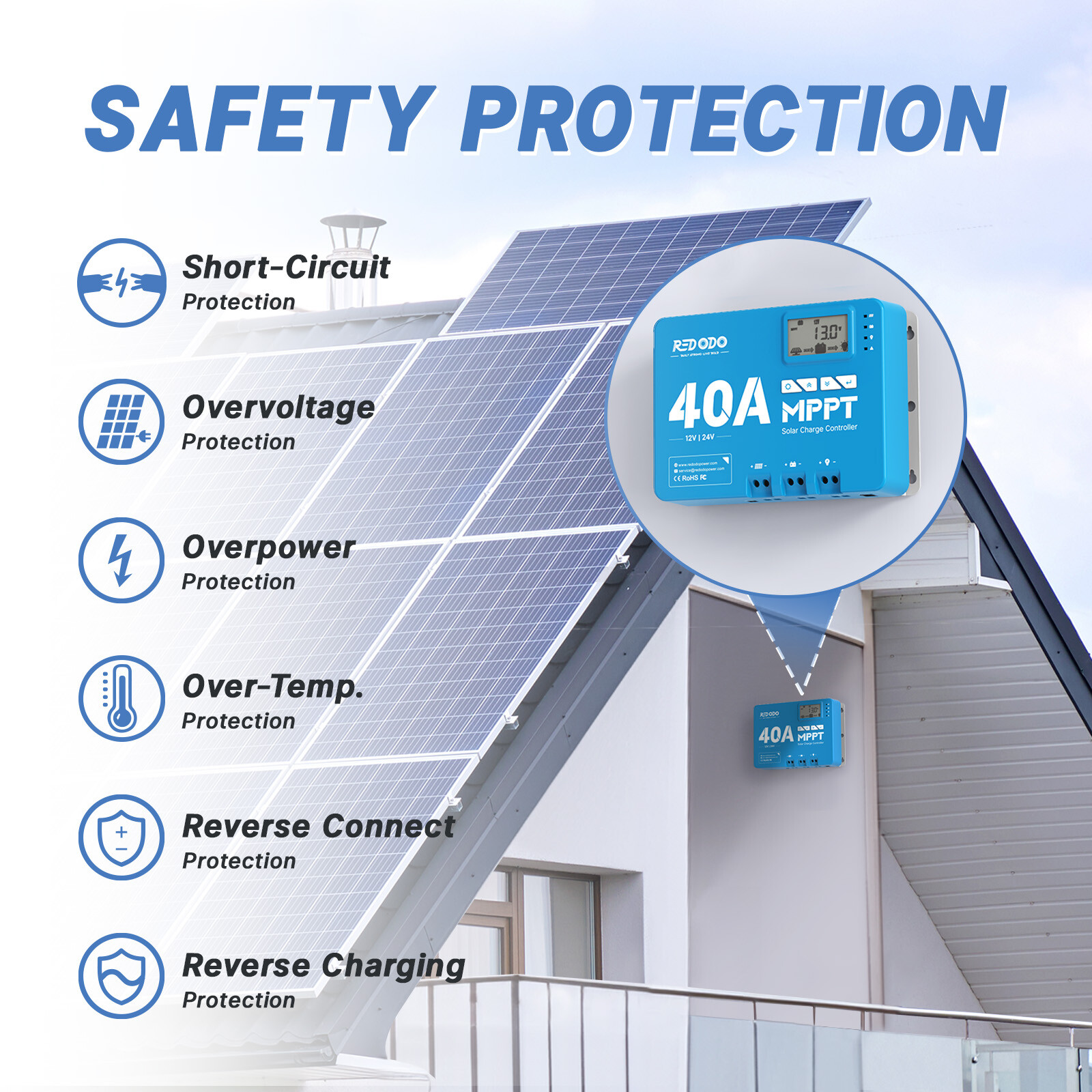 Redodo MPPT Solar Charge Controller 40A 12V/24V Bluetooth App Wireless Control