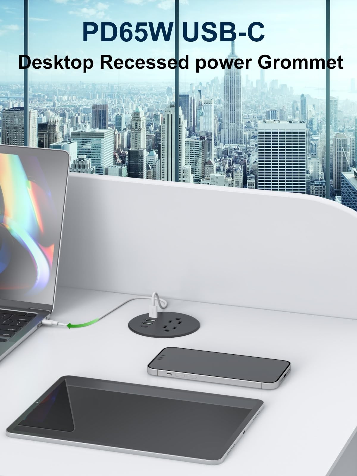 YYSKA 3 Inch Desk Power Grommet 65W USB C Fast Charging Black