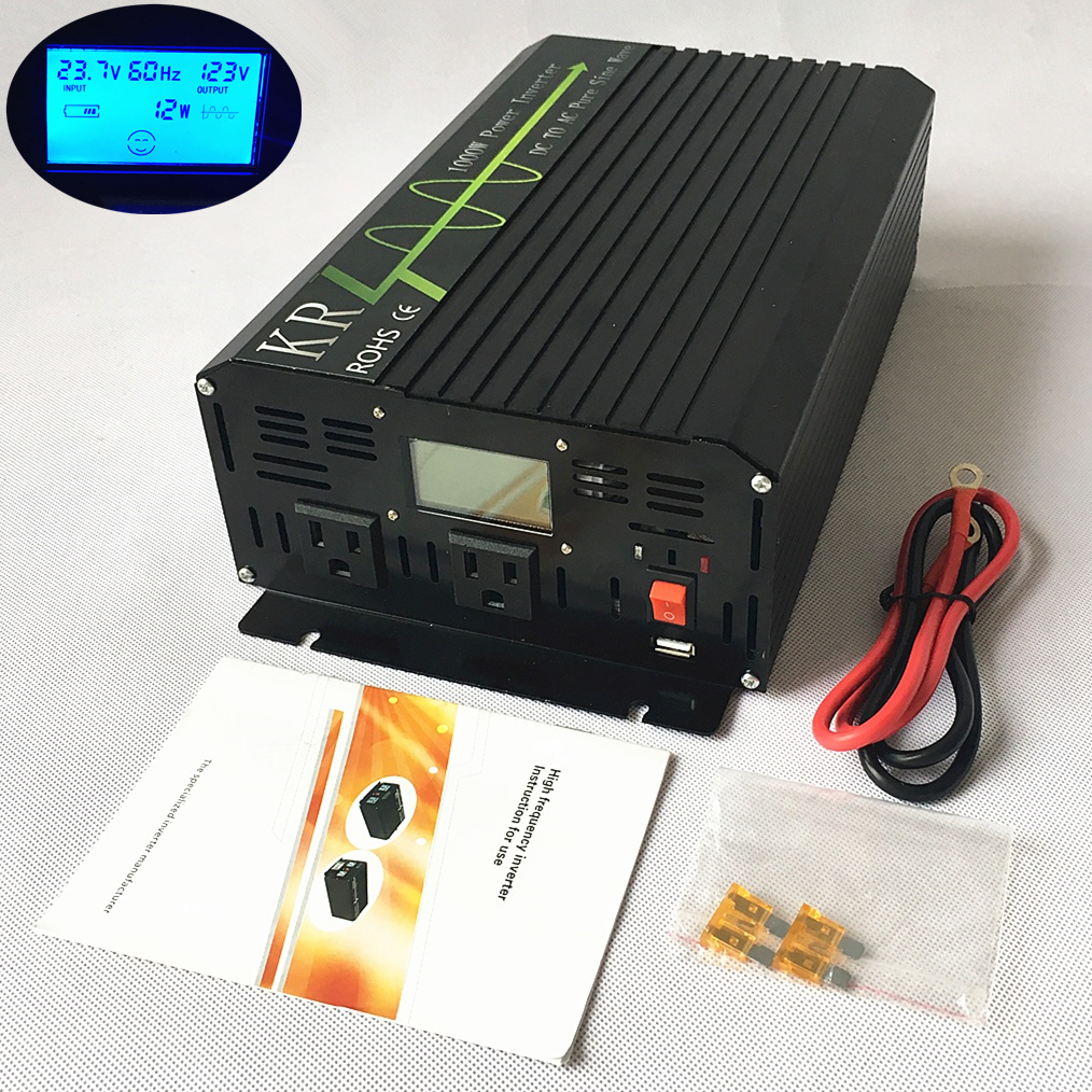 Pure Sine Wave Car Power Inverter 1000W peak 2000W 12V/24V to 120V 60Hz US Stock