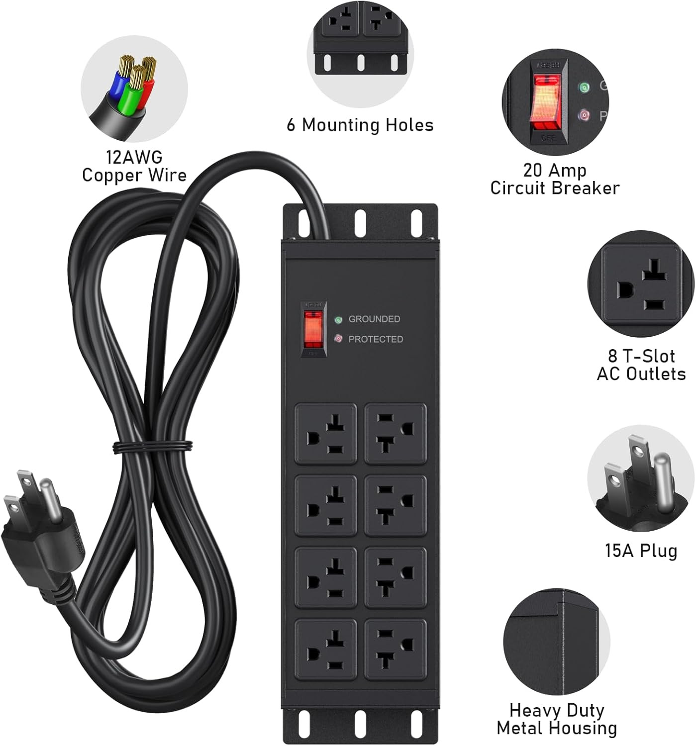 JUNNUJ Heavy Duty Surge Protector Power Strip 4800J, Garage Metal 8 Outlets 20 A