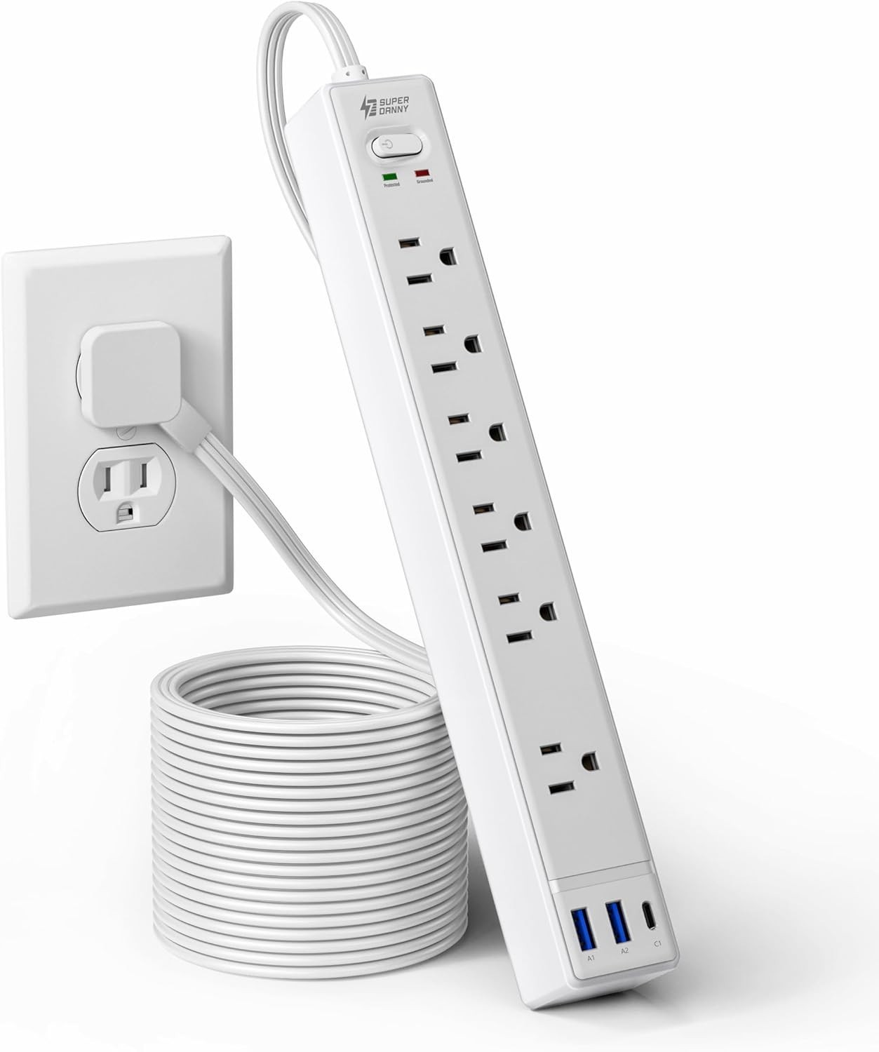 SUPERDANNY Flat Plug Surge Protector Power Strip 10 Ft Long Cord White NEW