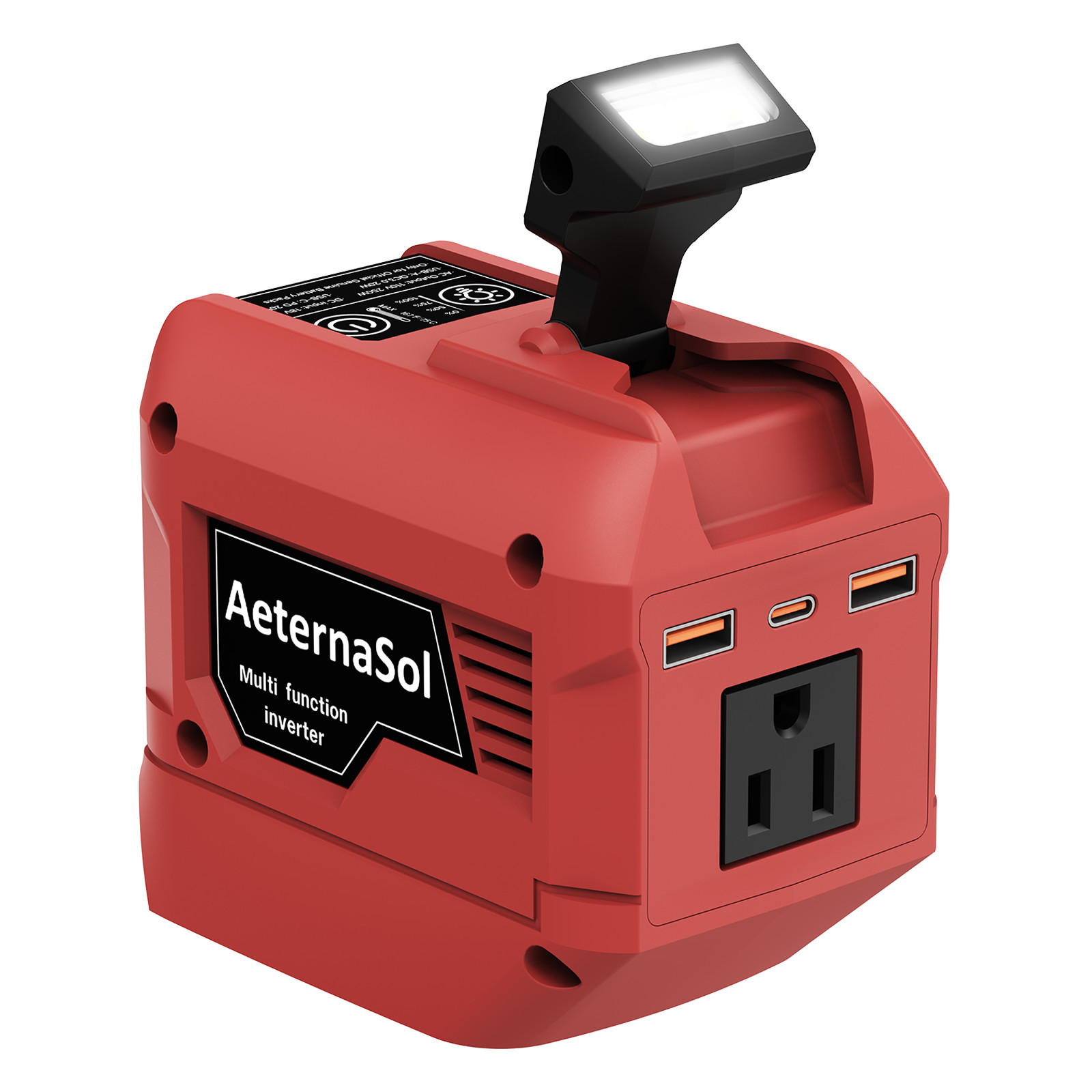 AeternaSol 220W-250W Power Inverter for Milwaukee 18V Battery – USB-C LED Light