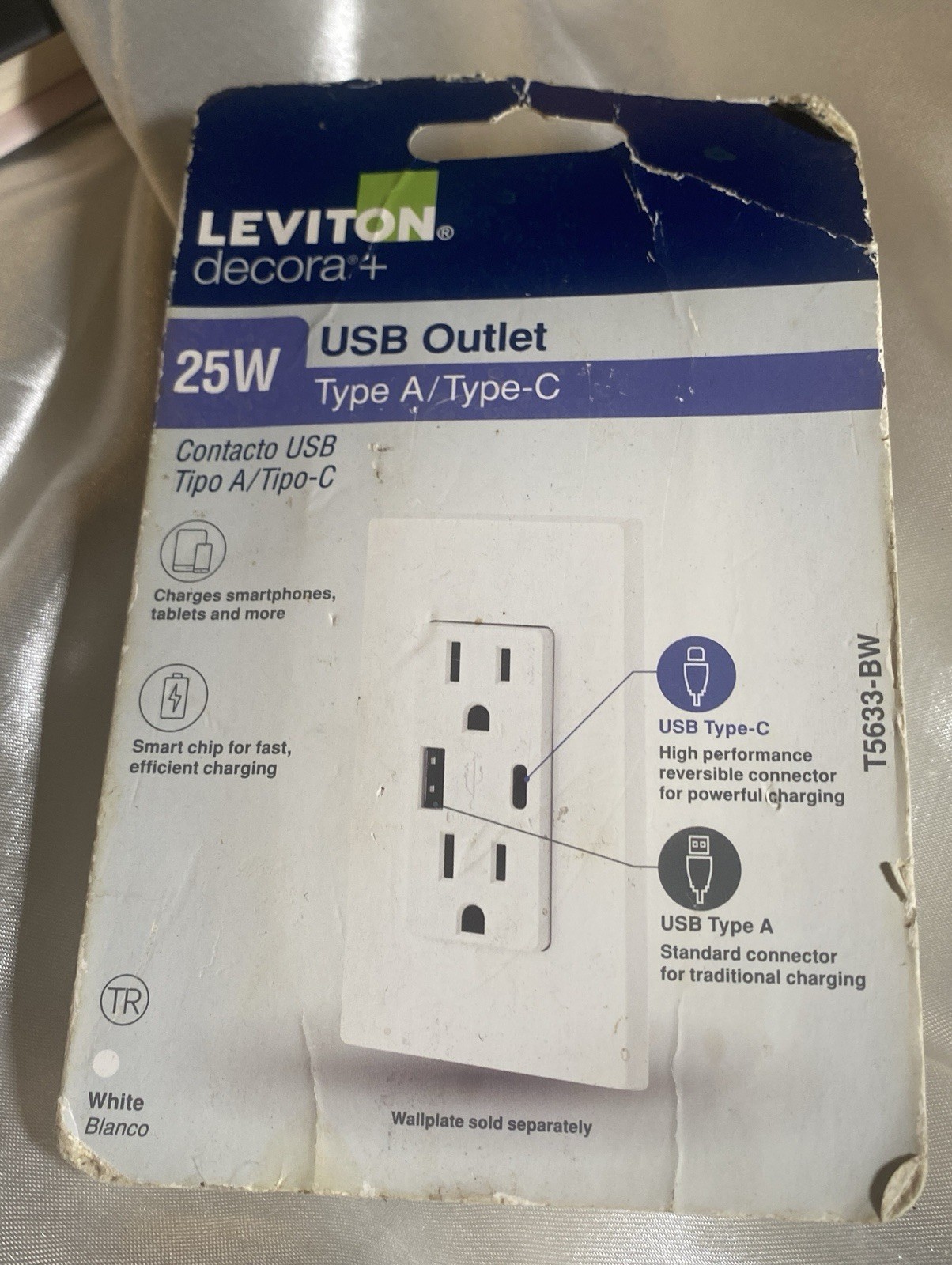 Leviton USB Outlet Tamper Resistant White Type A /Type C Q25W T5633-Bw