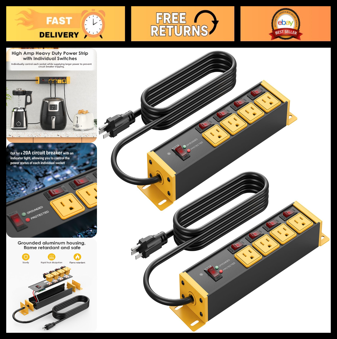 Heavy Duty 20 AMP Power Strip Surge Protector, 12 Gauge Extension Cord, 4FT, Yel