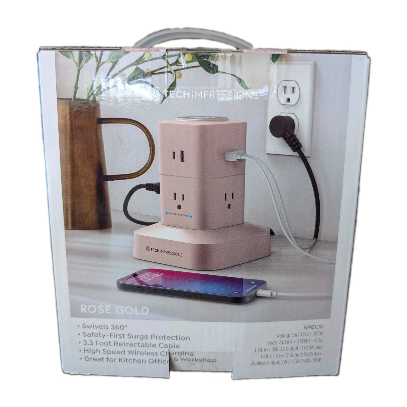 Tech Impressions Spinning Charging Tower w/Surge Protection-Rose Gold-NEW