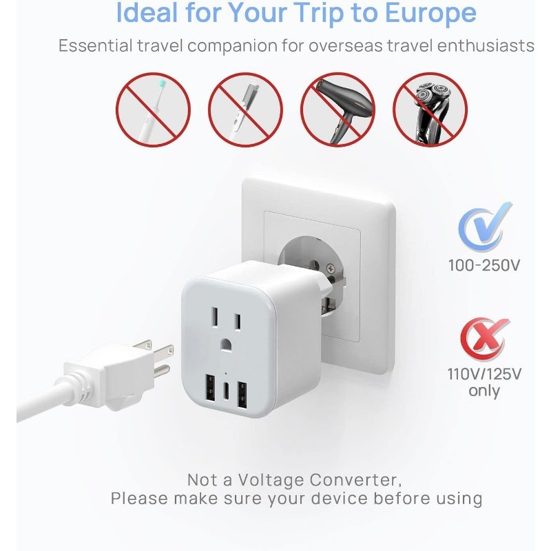 2 pack European Travel Plug Adapter Foldable 3 in 1 for US to EU outlets