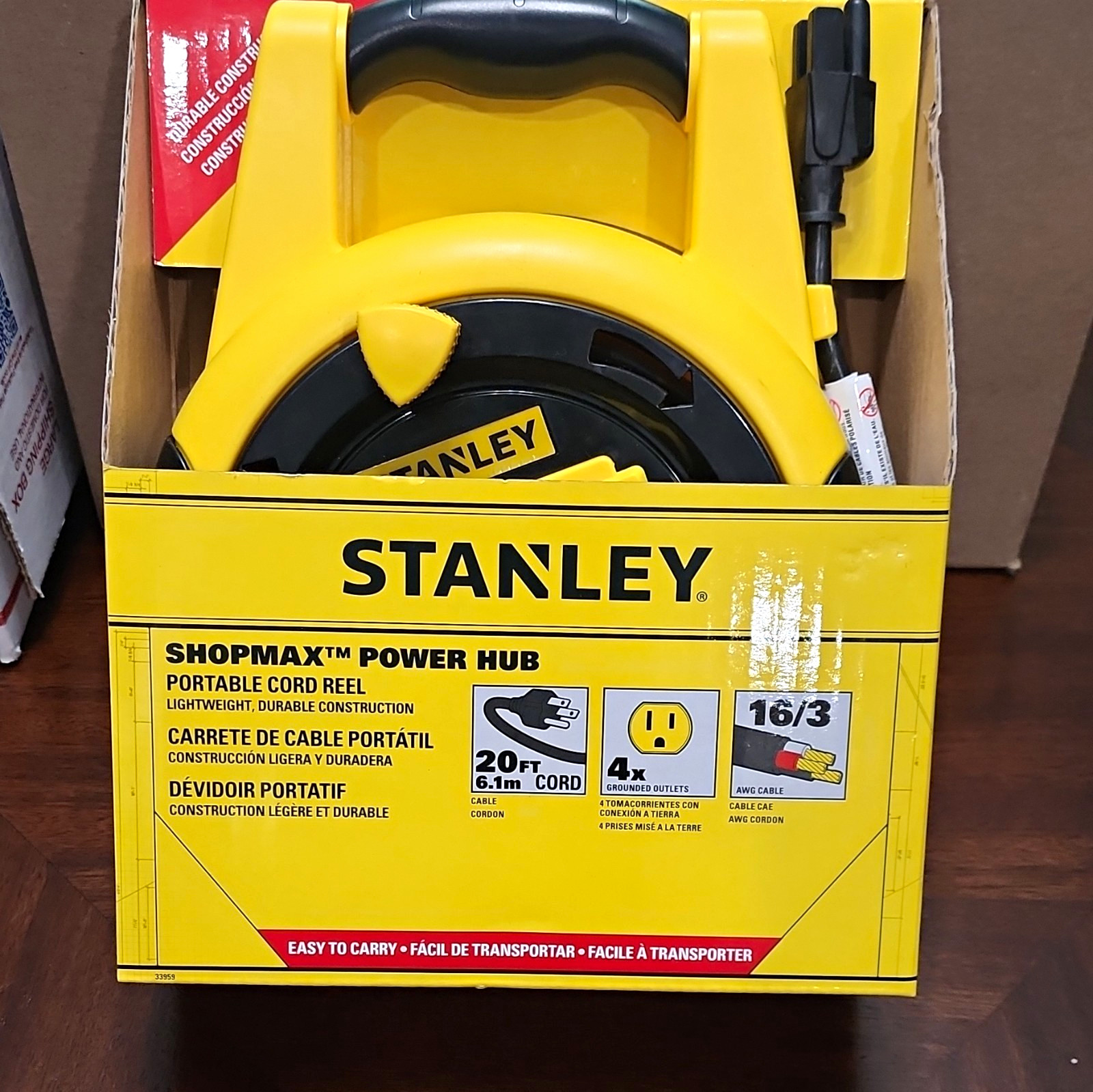 Stanley Shopmax 20 ft Retractable Cord Reel Power Hub, 4 Outlets, Switch