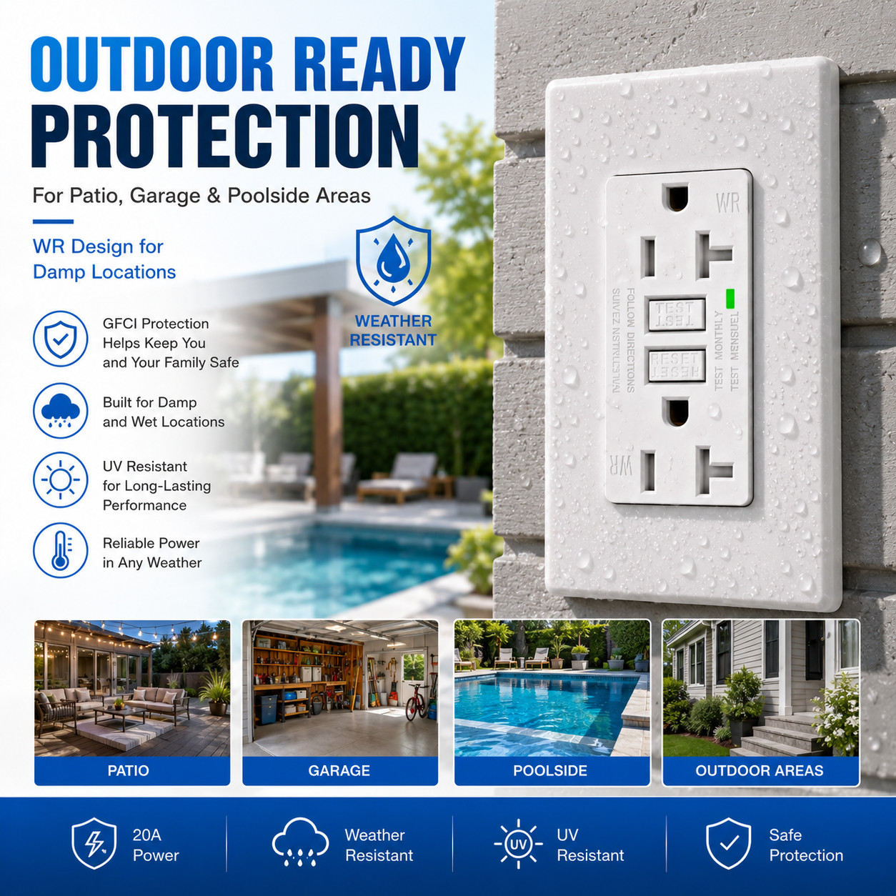 1PK GFCI GFI Outlet 20 Amp TR Weather Resistant with LED Indicator ETL Listed