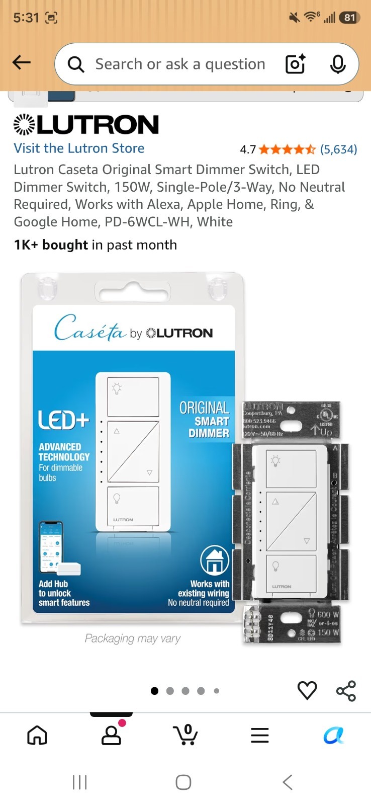Lutron PD-6WCL-WH-R Lighting Dimmer Switch – White