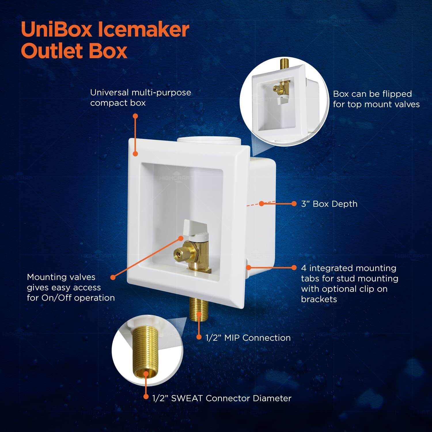 Icemaker Outlet Box with Valves 1/2”in MIP/Sweat Connection White ABS (Single)