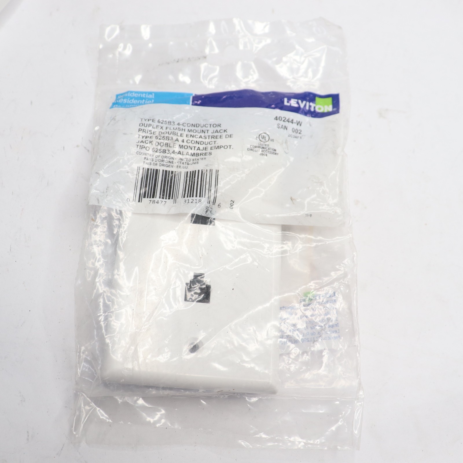 Leviton Jack 6 Position 4 Conductor Flush Mount Smooth White 40244-W