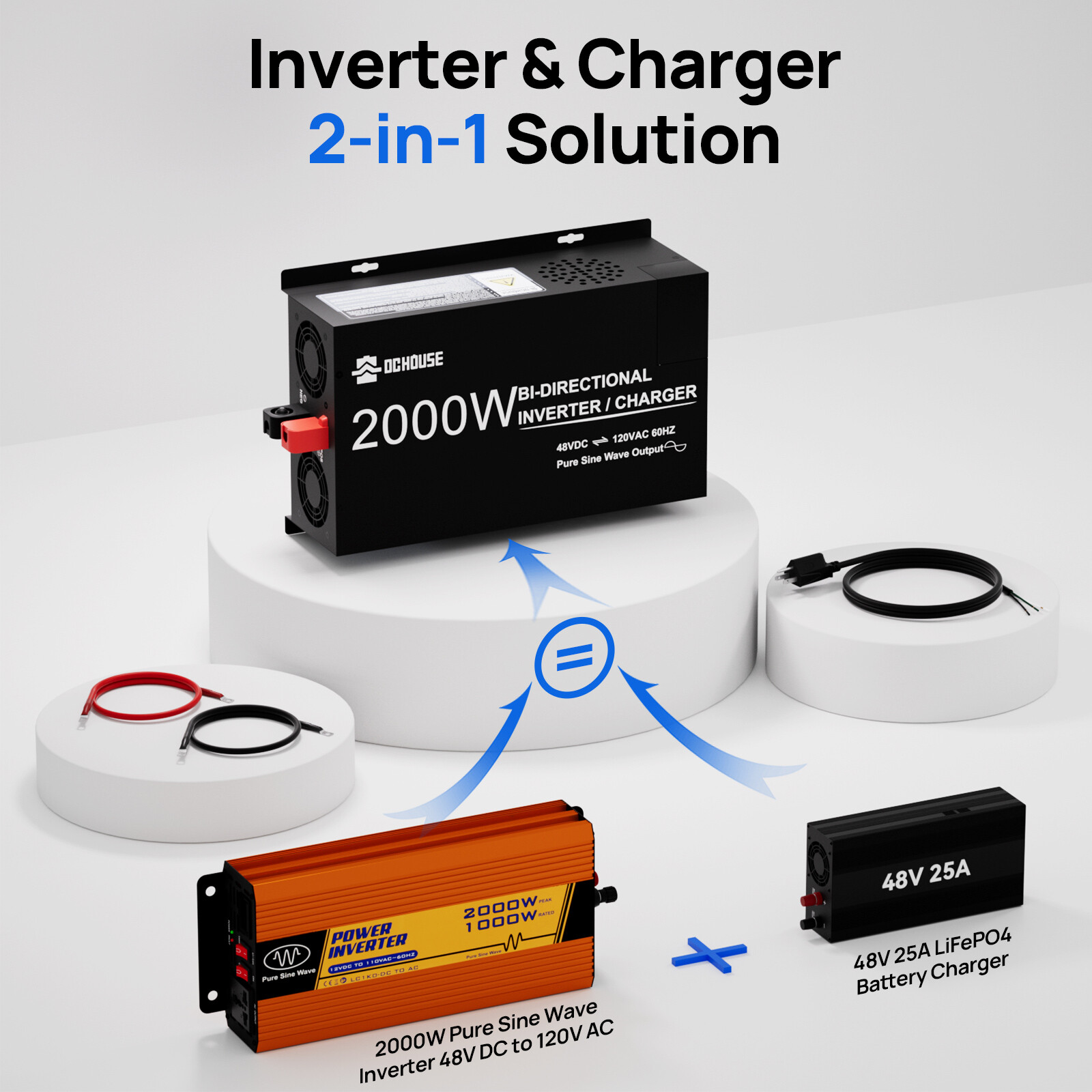 2 in 1 48V 2000W Pure Sine Wave Inverter 25A Lithium Battery Charger Golf Carts