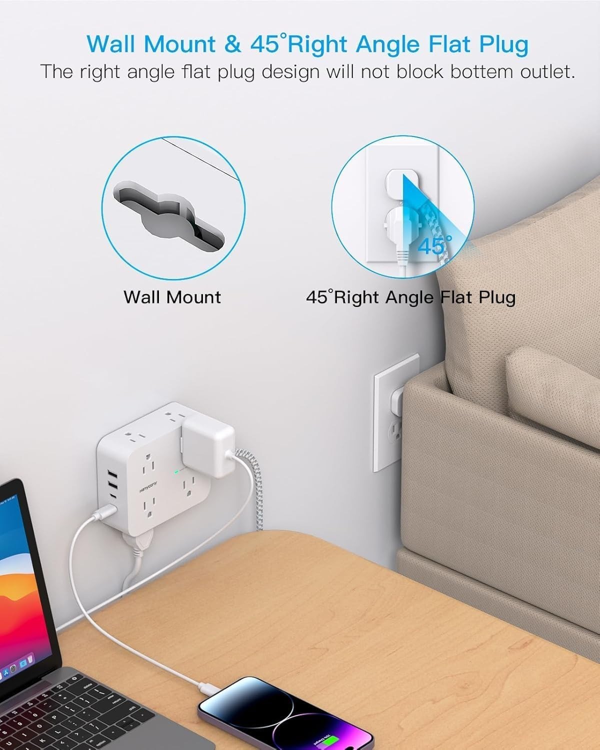 Ultra Thin 5ft Power Strip with 8 Outlets & 4 USB Ports – Safe for All Devices