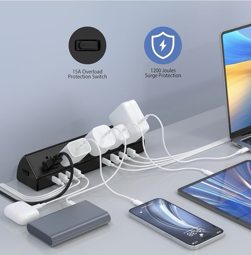 Desk Clamp Power Strip USB C 45W,8 USB,10FT Cable,Black