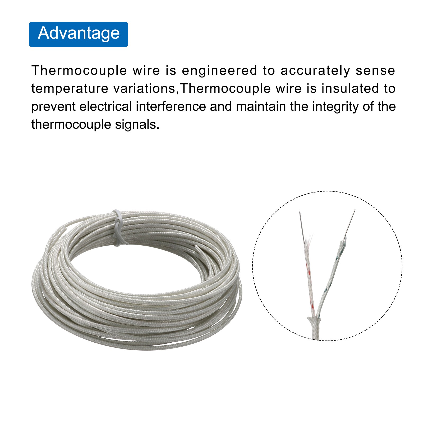 2×0.5 Thermocouple Wire Braided PTFE Insulation Up to 260°C/500°F 16 Ft