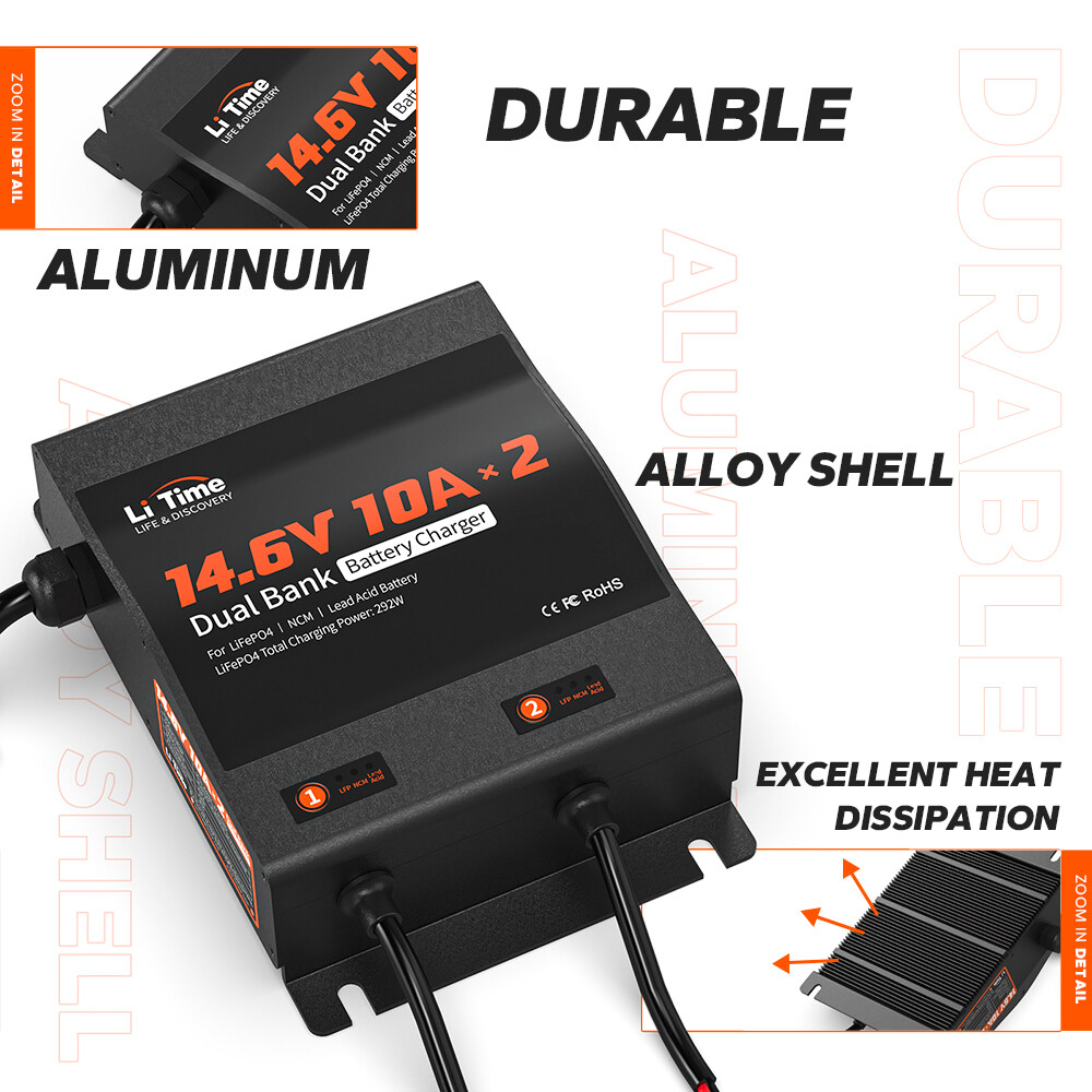 LiTime 2-Bank 10A (10A/Bank) Dual Smart Battery Charger For 12V LiFePO4 Battery