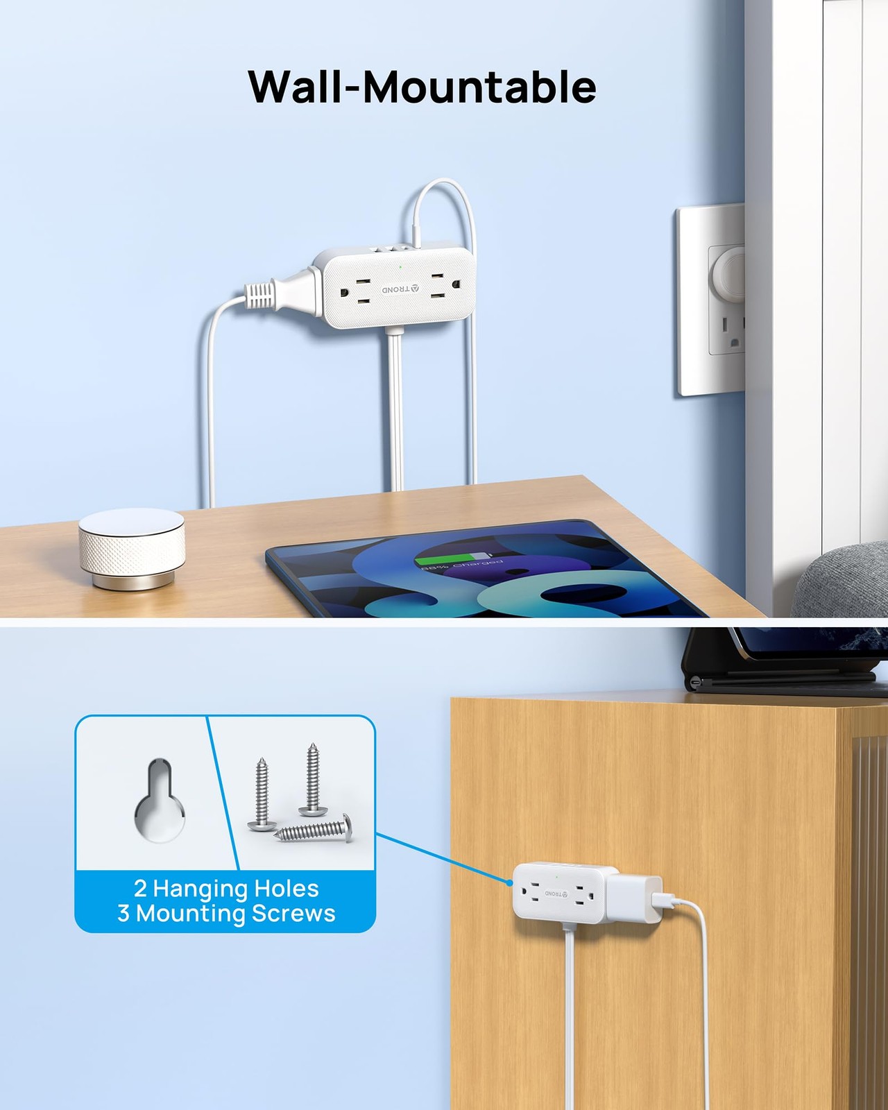 TROND Flat Plug Power Strip 5FT, Small Extension 5FT(No Cover), White