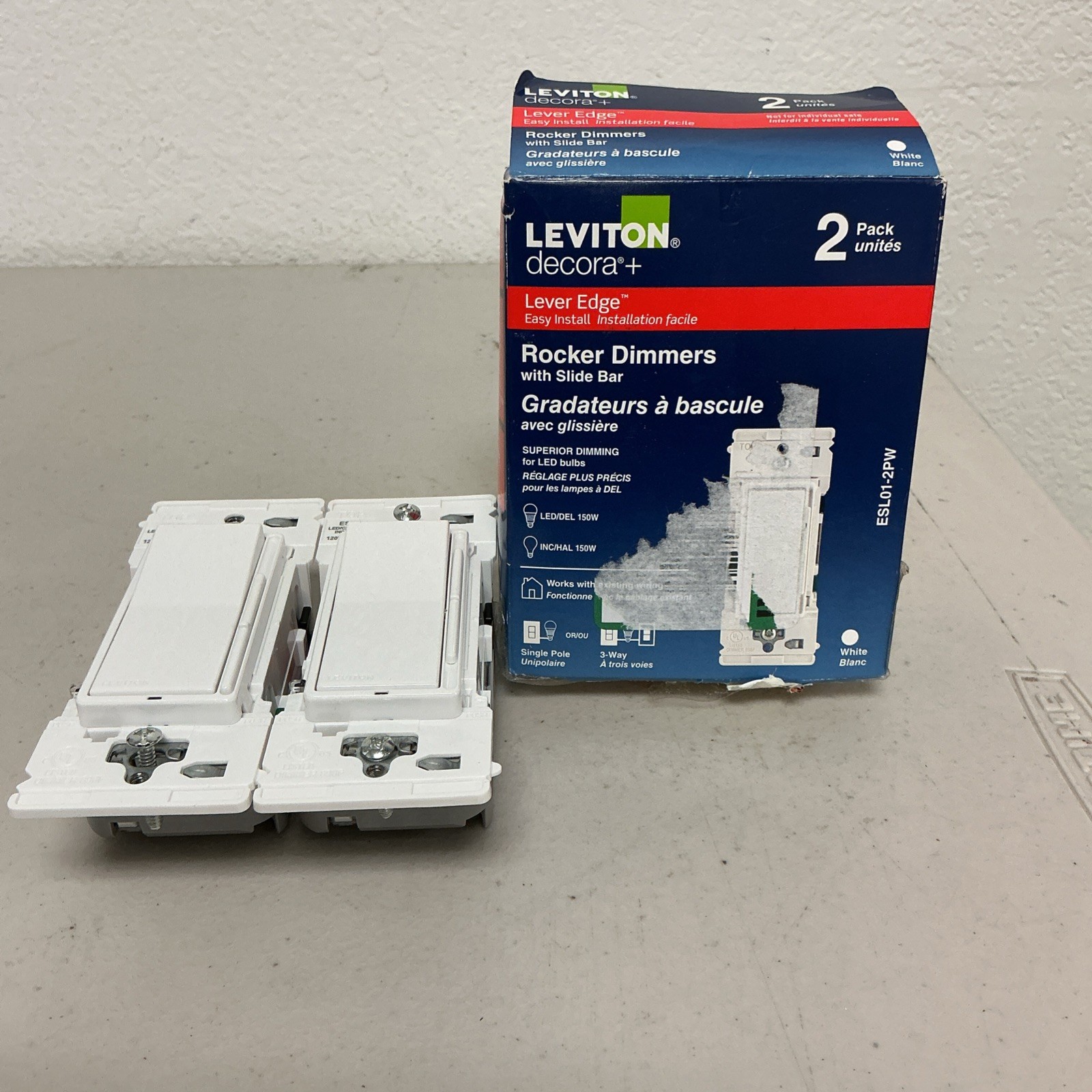 Leviton Decora Lever Edge Rocker Slide Dimmer Switch ESL01 (2PK) Open Box