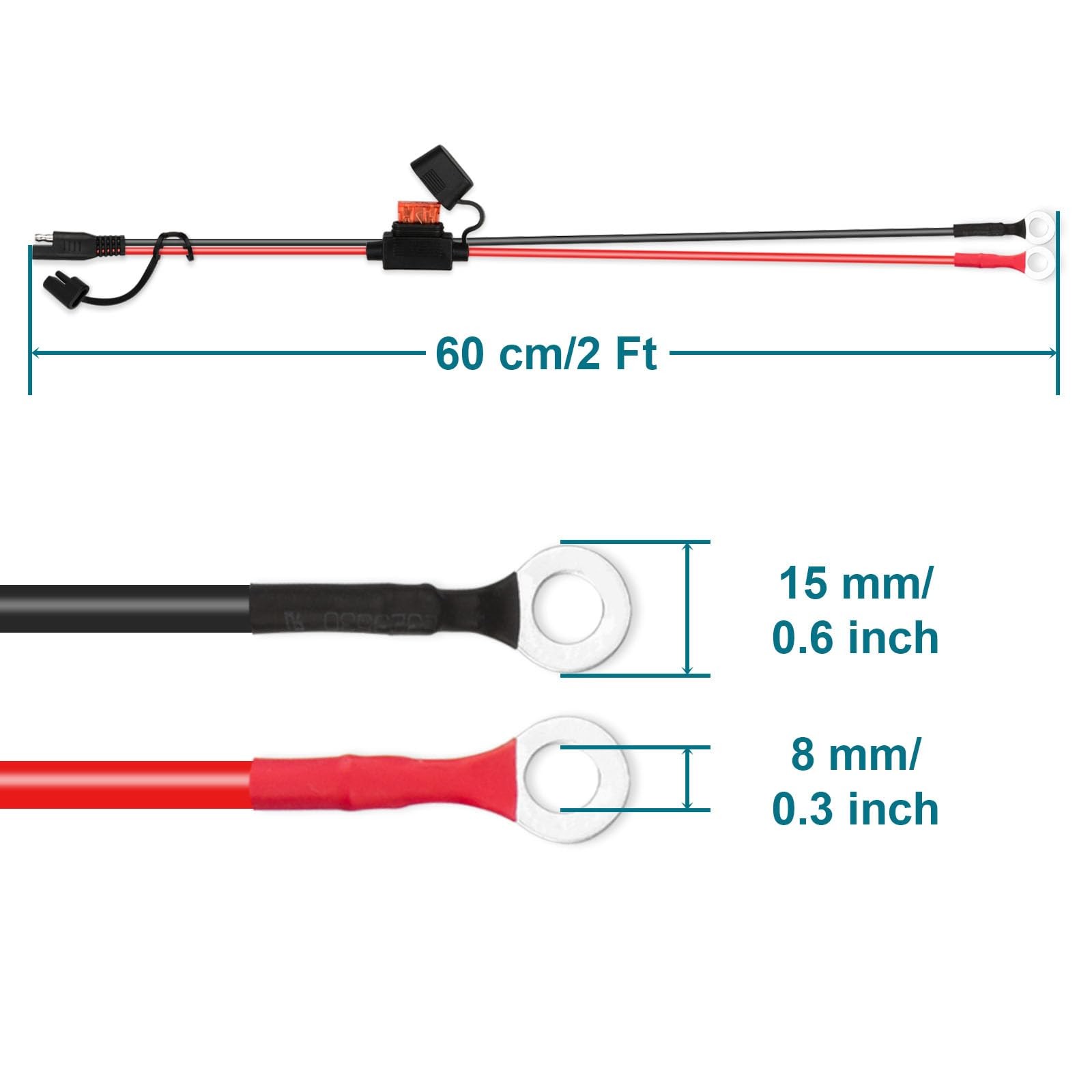 SAE Battery Connector 10AWG 2FT, SAE to O Ring Battery Connector