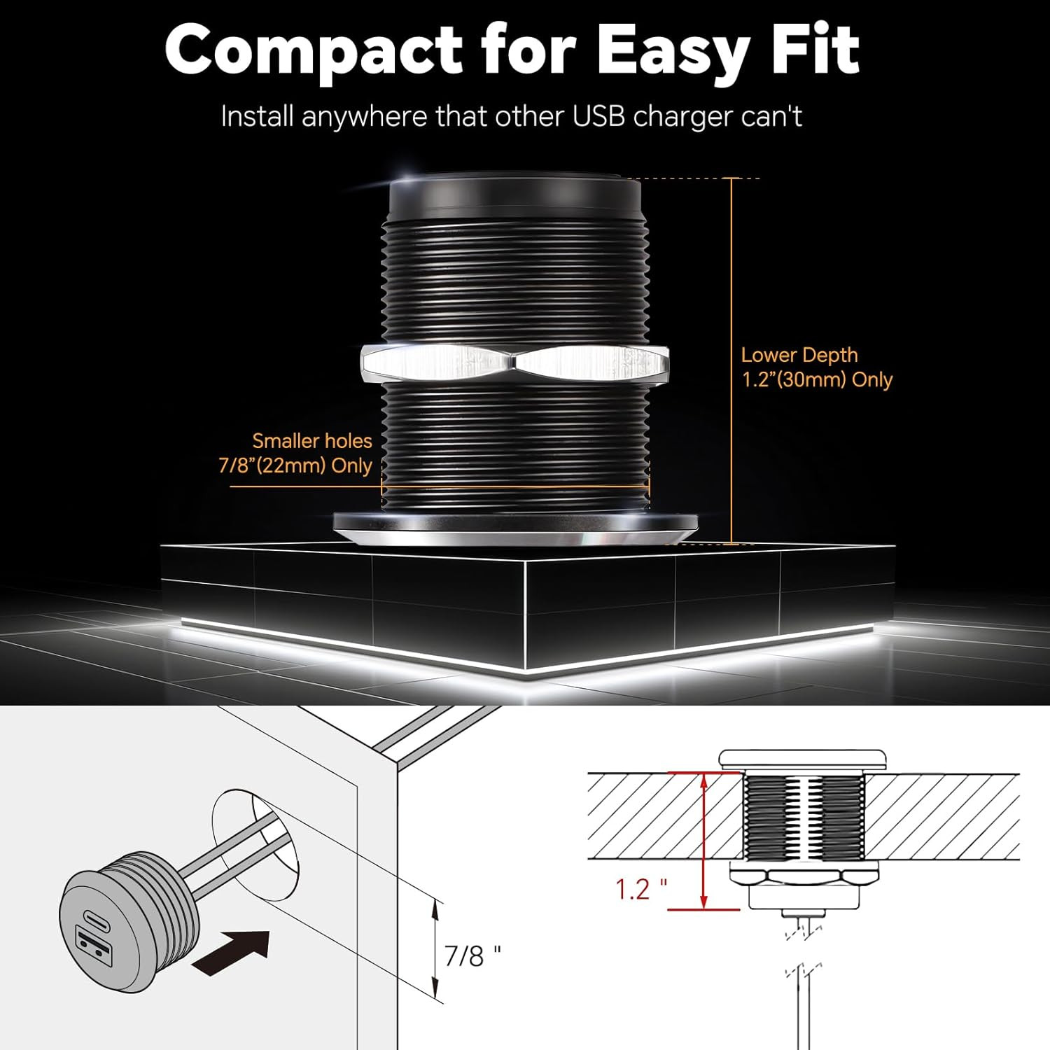 12V USB Outlet All-Aluminum QC 3.0 USB-A & USB-C PD3.0 Dual Fast Car Charger Soc