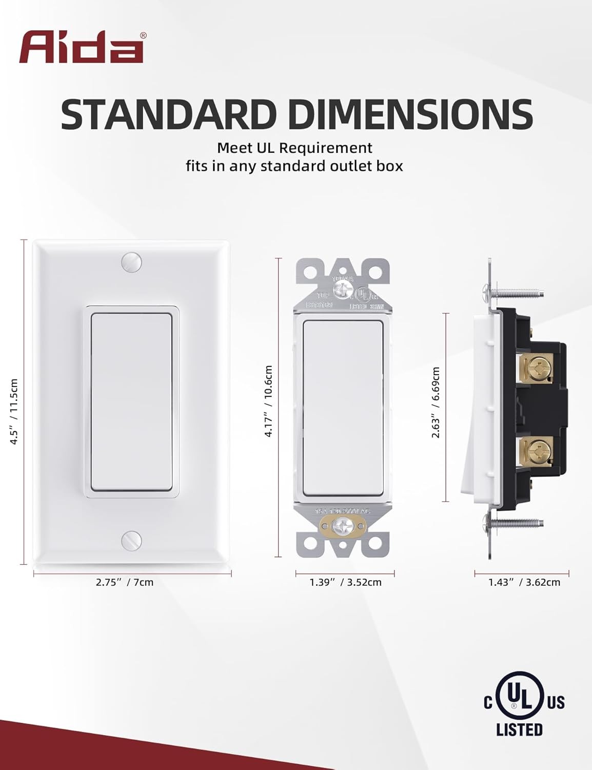 AIDA 3 Way Decorative Light Switch, 15Amp, Wall Plate Included, Glossy White