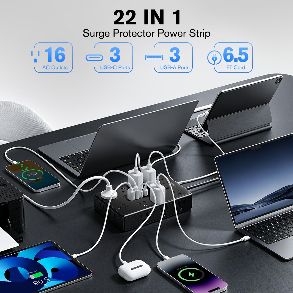 Flat Plug Power Strip with 16 Outlet Extension Cord USB Port Surge Protector