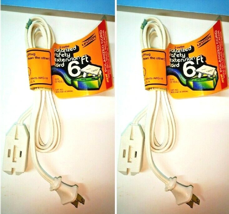 2-PK Leviton WHITE 6-FT Safety Extension POWER CORD 10A 125V 1250W NEW 2541-6