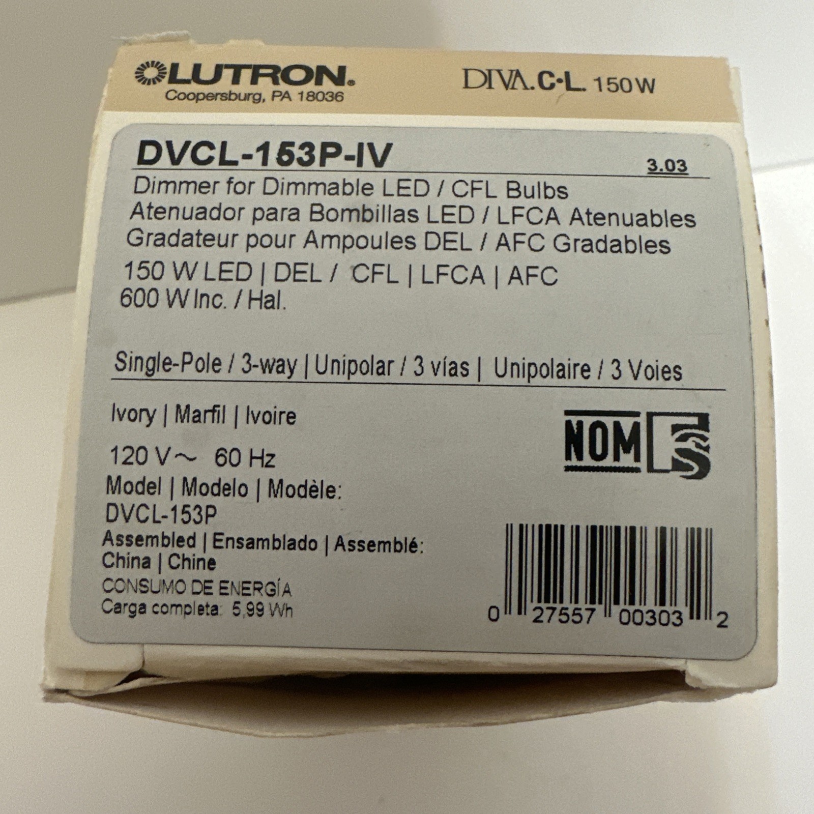 Lutron DVCL-153P-IV Diva Dimmable CFL/LED Dimmer Ivory 120V ~ 60Hz NIB