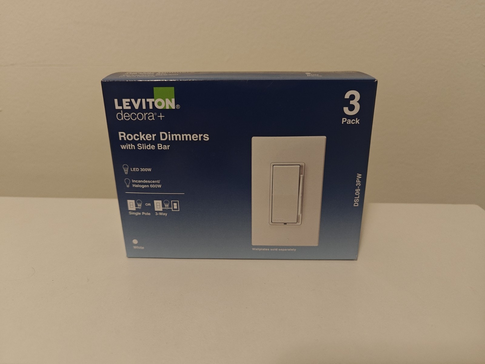 Leviton Decora+ 3-Pack DSL06-3PW Rocker Dimmers with Slide Bar