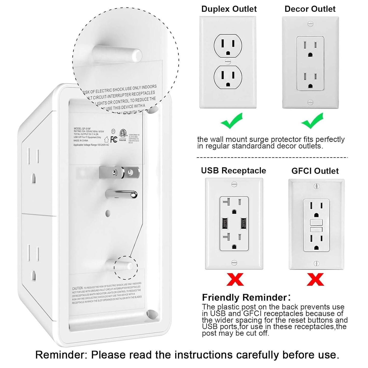 White 3U1C Multi Plug Wall Outlet Extender with 4 USB Charging Ports and 1 USB C