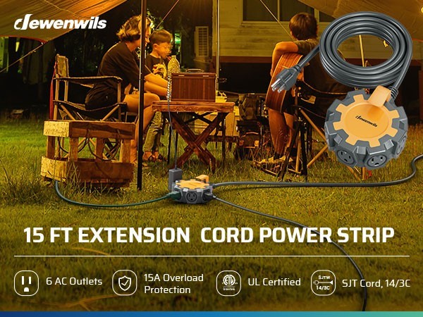 DEWENWILS 15FT Garage Extension Cord, 6-Outlet Circular Hub, Hook Design