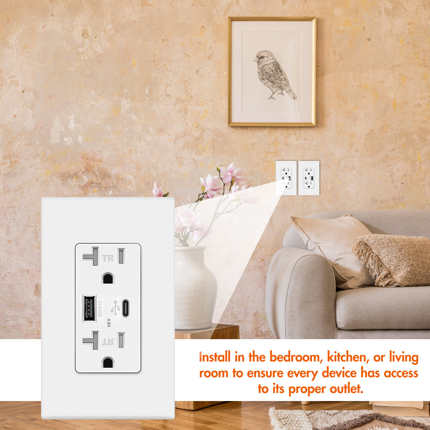 Smart Fast USB Type C 4.8A Wall Outlet Dual High Speed Duplex Receptacle 20 Amp