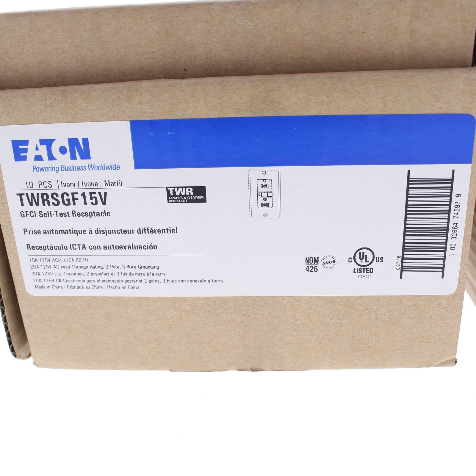 10 Eaton Ivory Tamper/Weather Resistant GFCI Outlet Receptacles 15A TWRSGF15V
