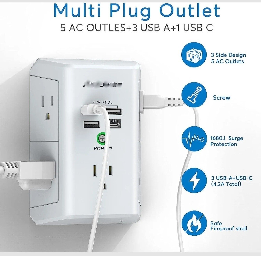 USB Wall charger .Multi port (5 plug-ins),3 USB, 1 USB-C, W/ Surge Protector.