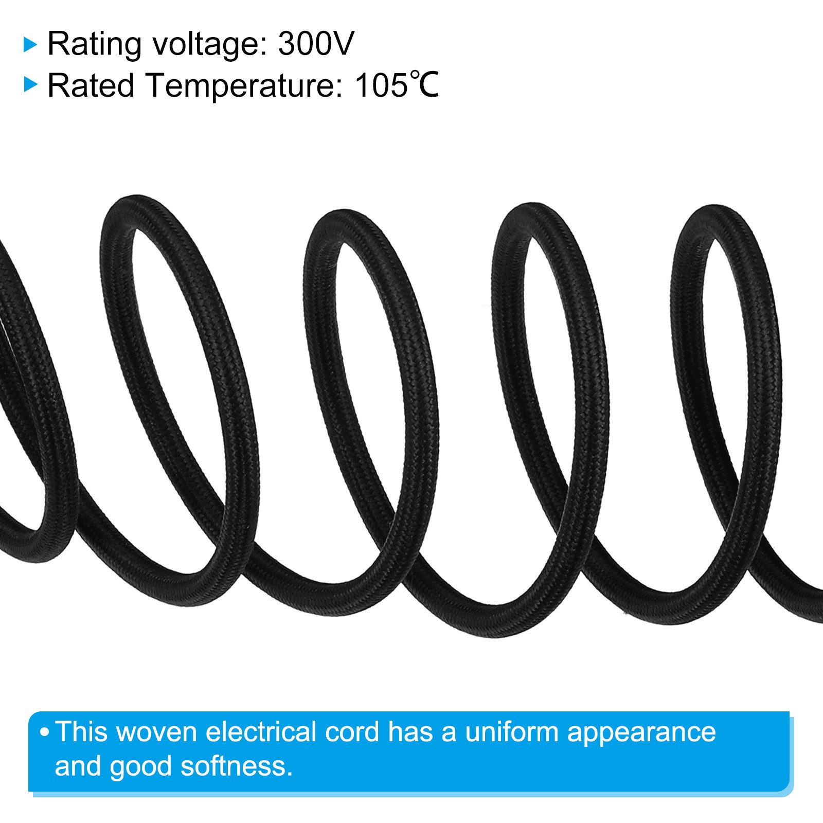 32.8ft 18AWG 3 Core Fabric Cloth Covered Round Wire Black