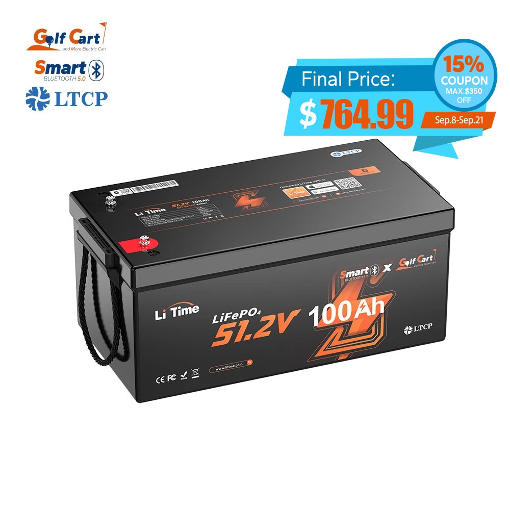 LiTime 48V 100Ah Golf Cart Bluetooth Lithium Battery LiFePO4 Support 5kW Motor