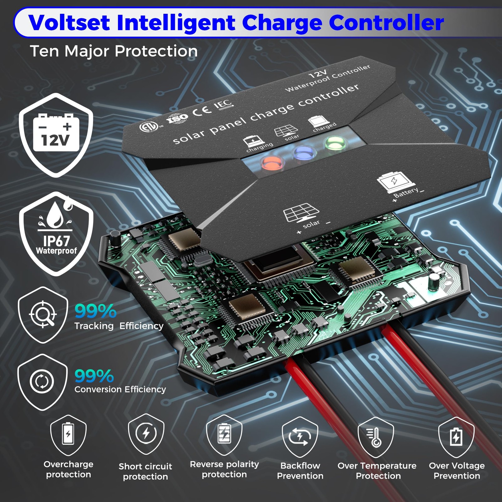 Voltset Solar Charge Controller, 10A 12V Waterproof Solar Intelligent Regulator