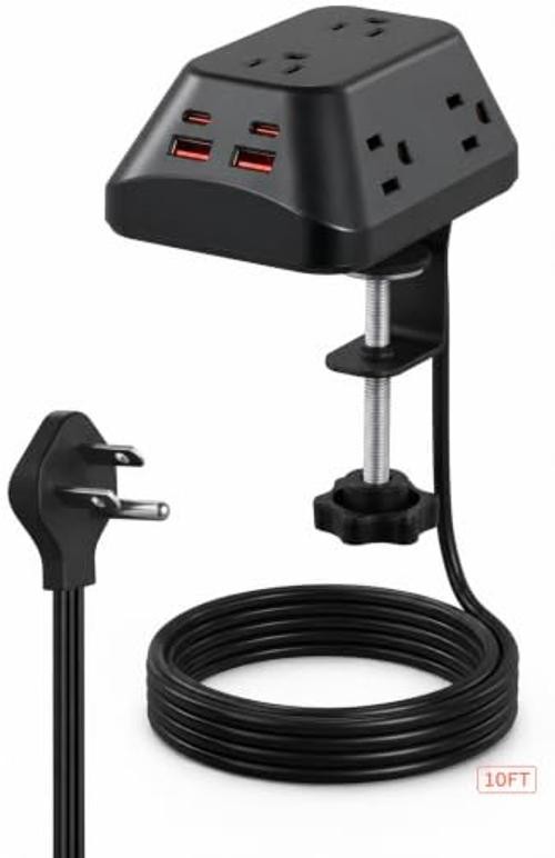 Desk Clamp Power Strip, 6 AC, 2 USB-C & 2 USB-A, 1440J, 10FT Cord | 10FT-Black