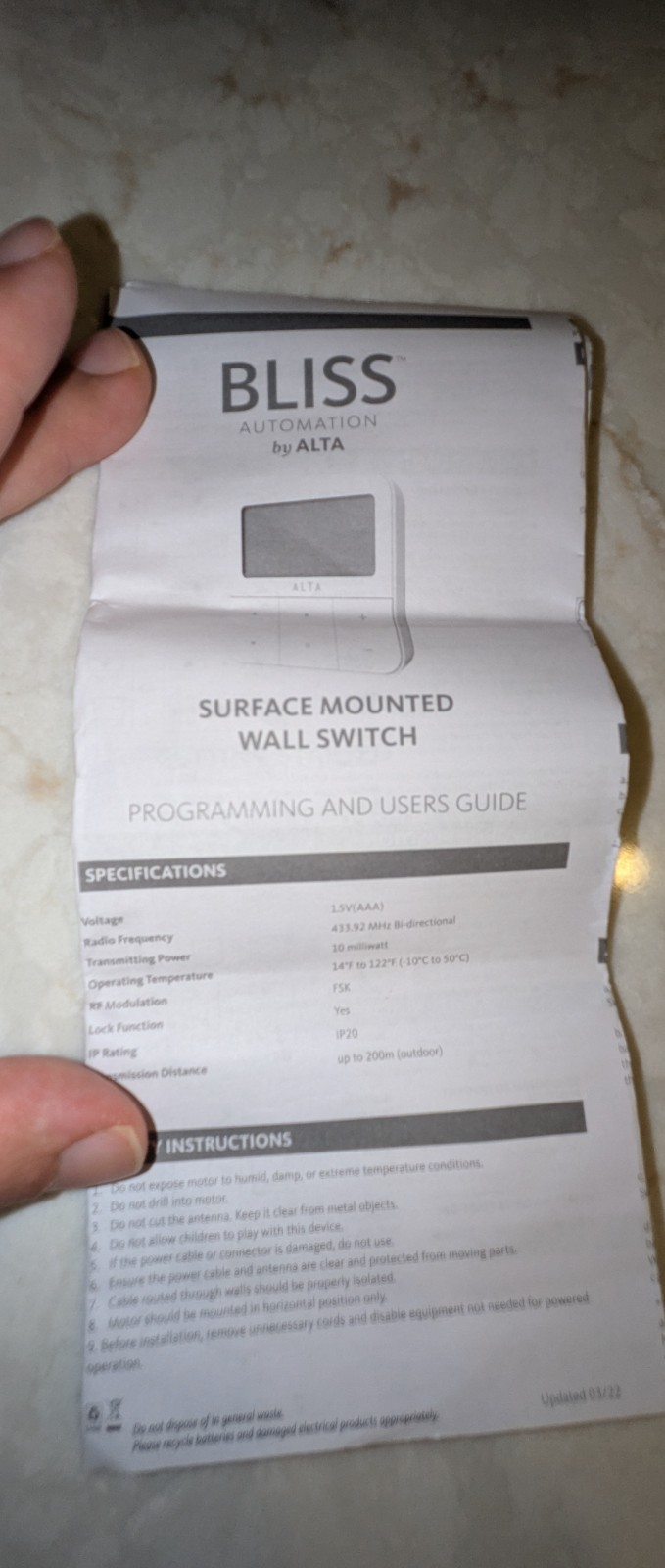 Surface Mounted Wall Switch for Alta Bliss System (Part No. 1026657)