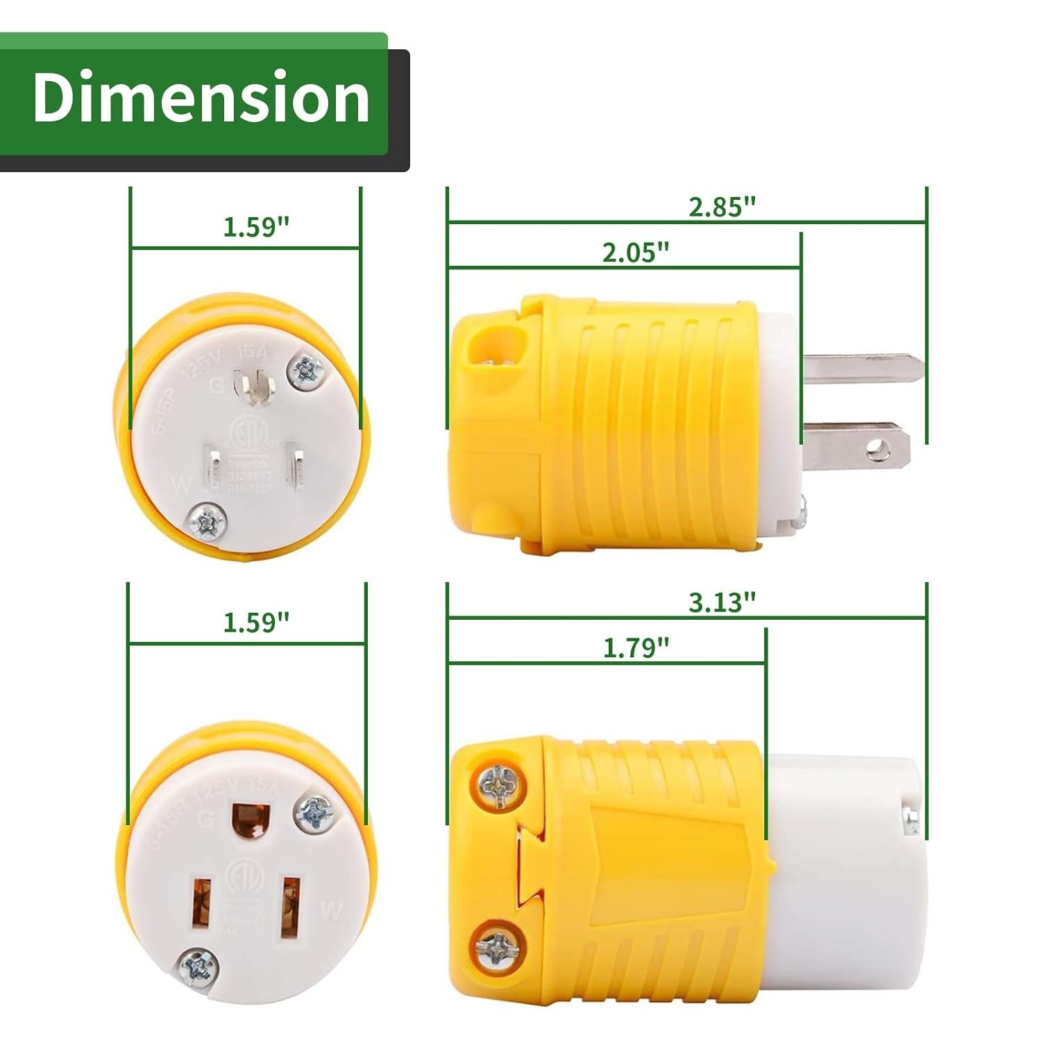 Extension Cord Ends Male and Female Plug, 15 Amp 125 Volt Heavy Duty Replacement