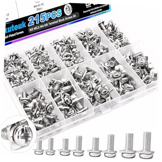 215PCS Terminal Block Screws Kit,M3 M3.5 M4 M5 Terminal Screws,Nickel-Plated