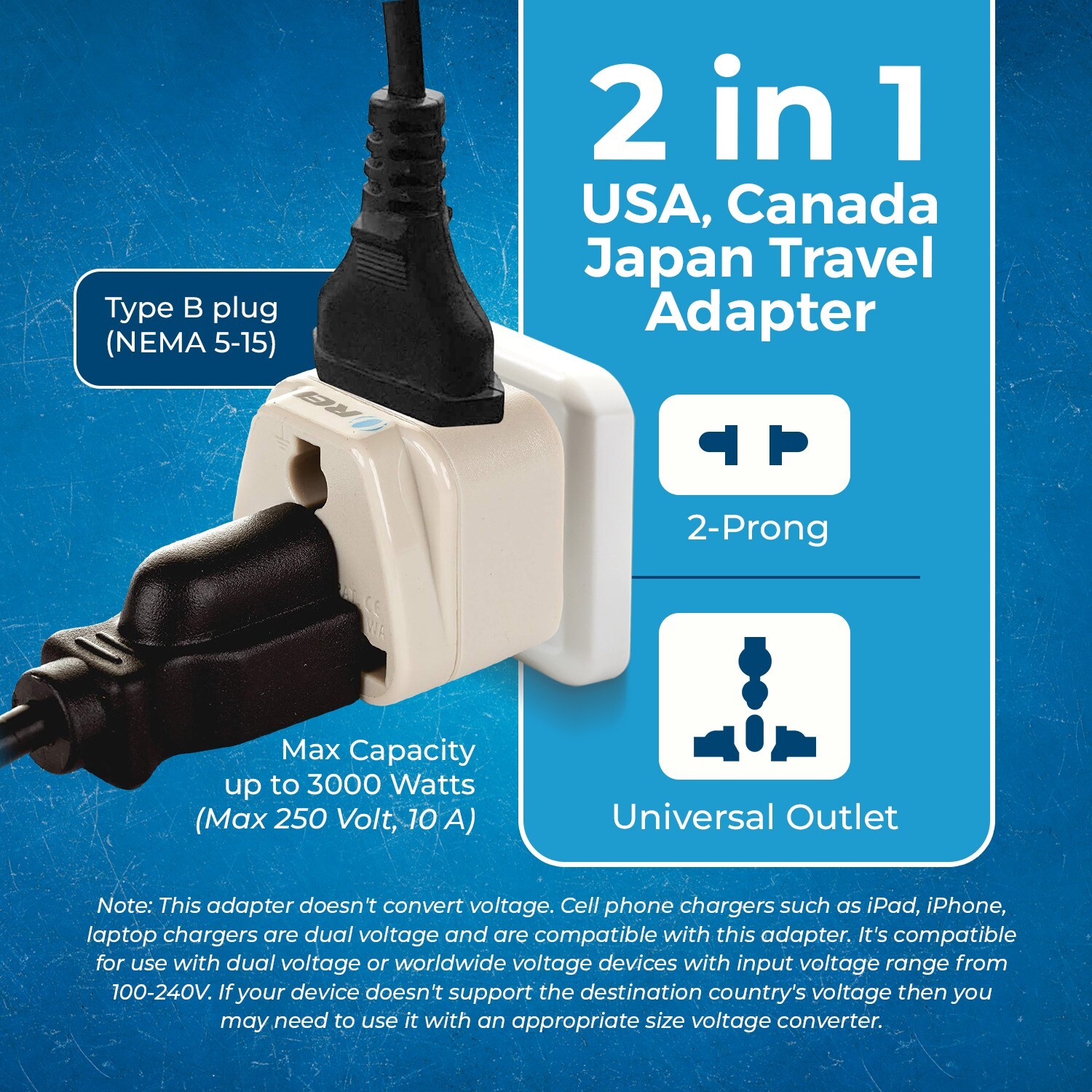 OREI 2 in 1 USA Travel Adapter Plug – UK/EU to US Type B -Grounded Universal
