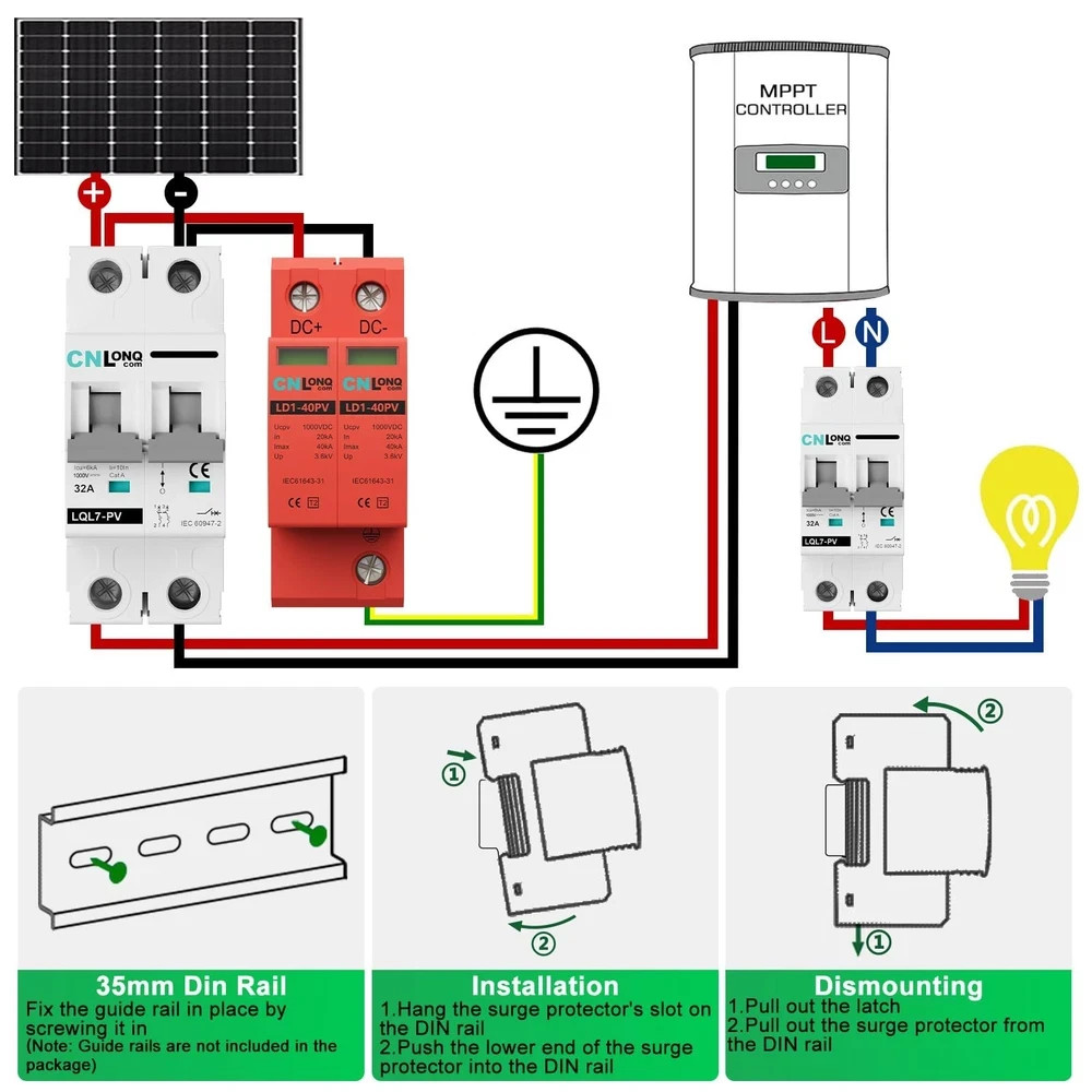 2P 40KA Voltage Surge Protector DC 1000V Solar PV Lightning Arrester Device f…
