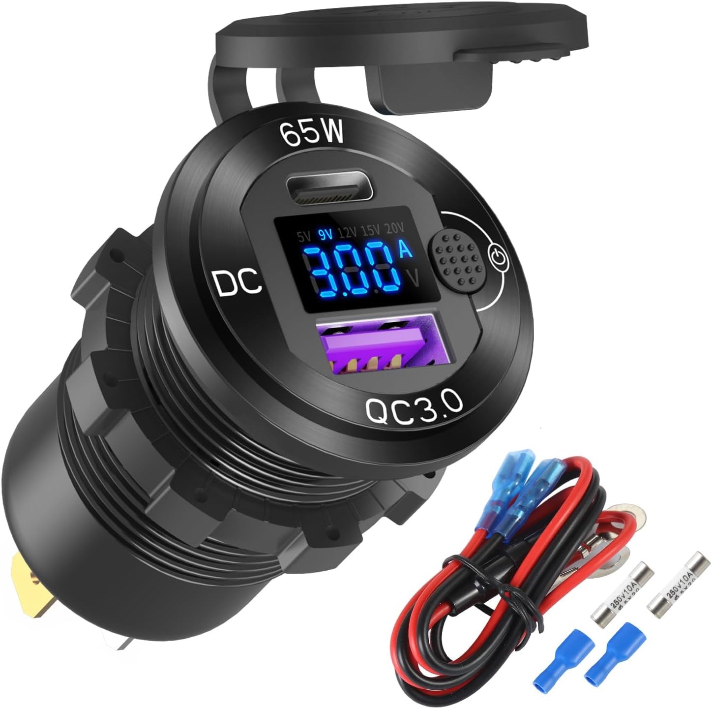 12V USB Outlet Aluminum Car Charger PD65W Port for Laptops, Quick Charge 3.0