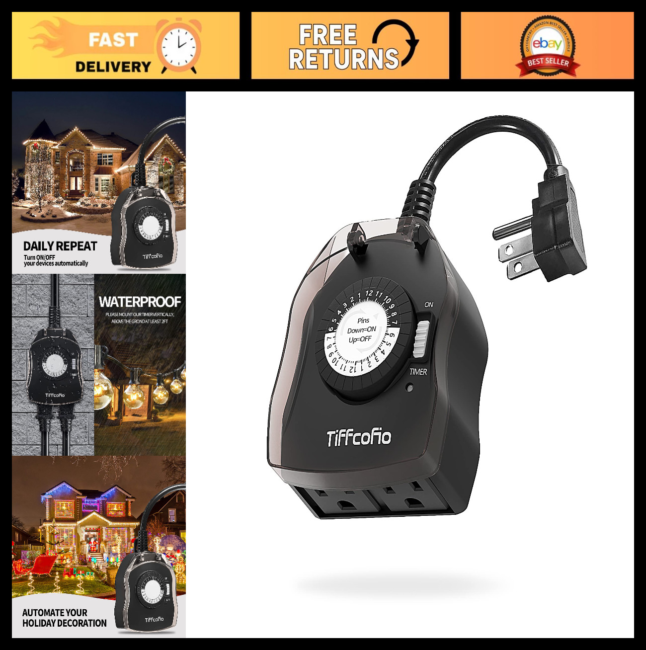 24-Hour Outdoor Timer with 2 Grounded Outlets, Waterproof, Heavy Duty, 15A for P