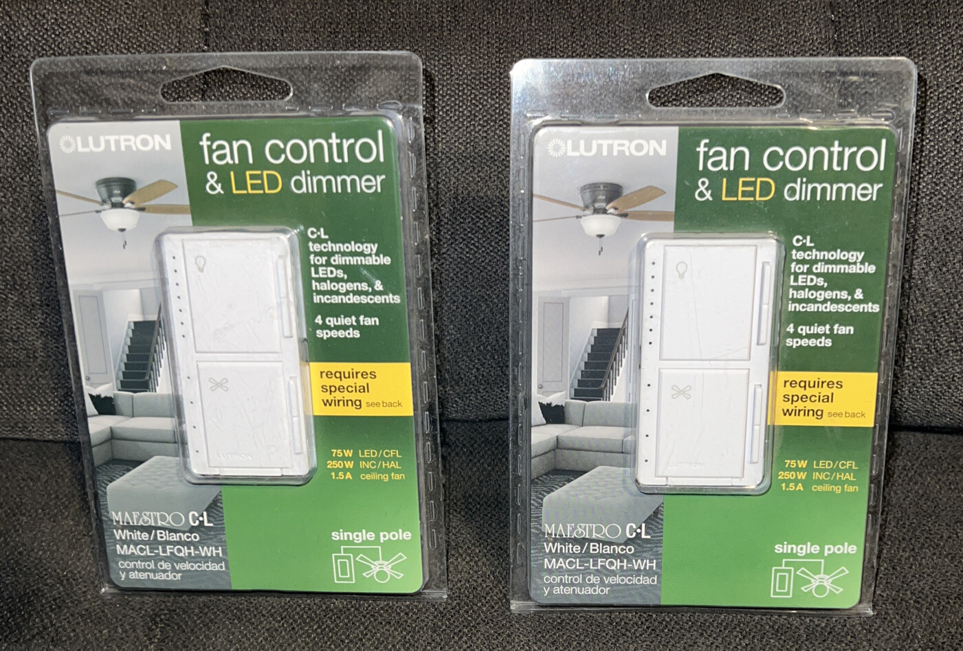 Lutron Maestro Lot Of 2 1.5Amp 4-Speed Wired Fan Control and💡Light Dimmer-White
