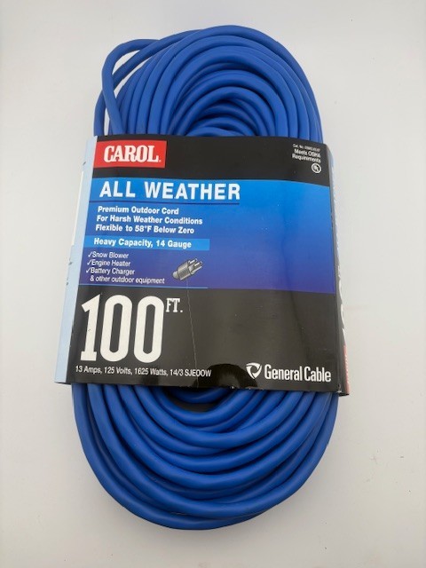 Carol 100′ All Weather Extension Cord 125v 13A 14 Gauge Mod 03662.63.07