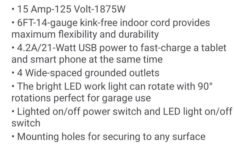 Kobalt 6′ 4 Outlet 2-USB Ports 2LED Lights Indoor Power Strip, LTS-4T-2U-1, NEW
